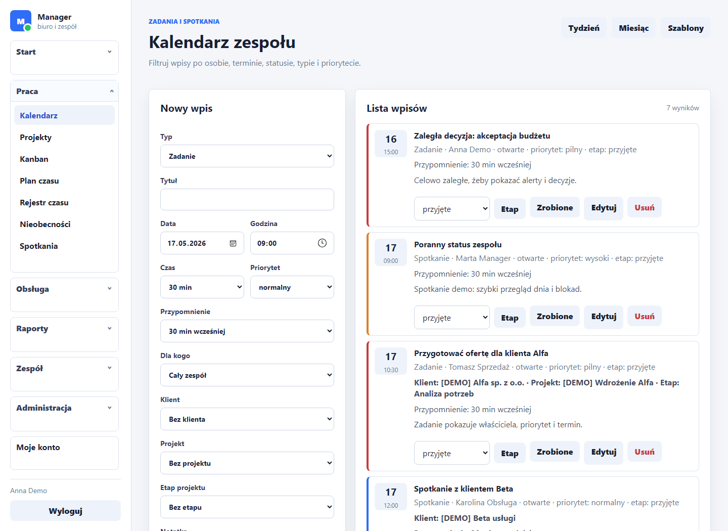 Widok kalendarza zespołu w aplikacji Manager